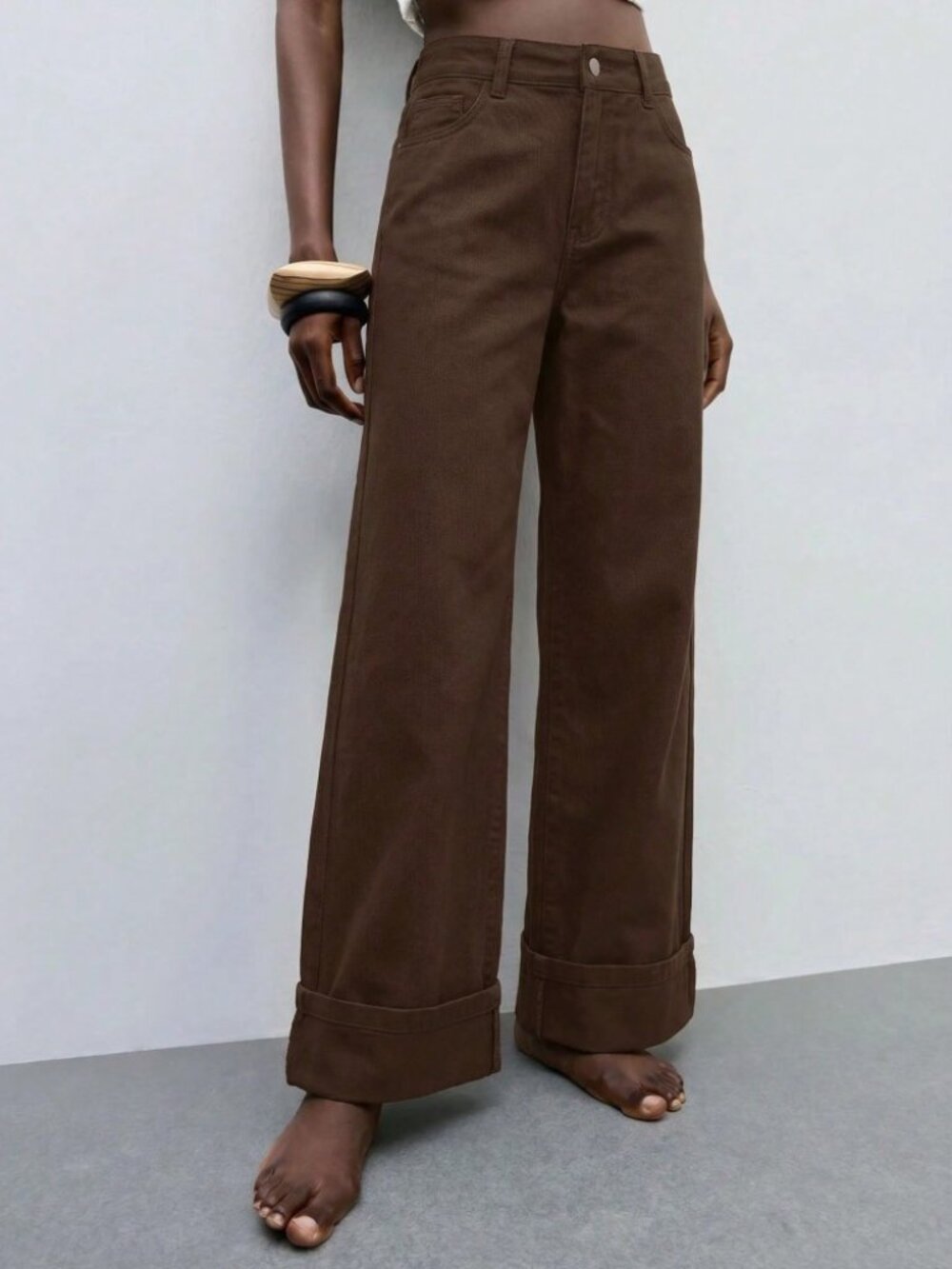 Brown Denim High Waist Wide Leg Cuffed Hem Jeans
